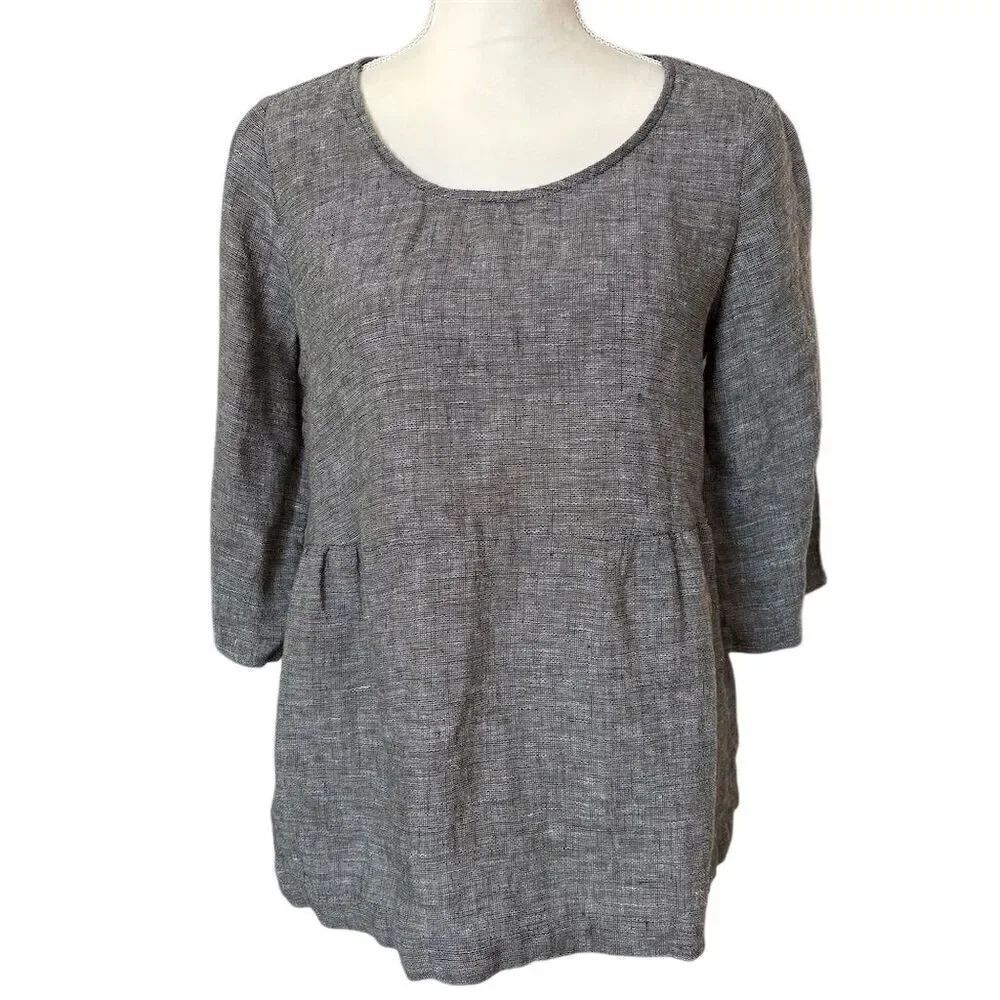 J. Jill Women's Petite Scoop Neck Linen Blouse Olive Gray 3/4 Sleeve Size S